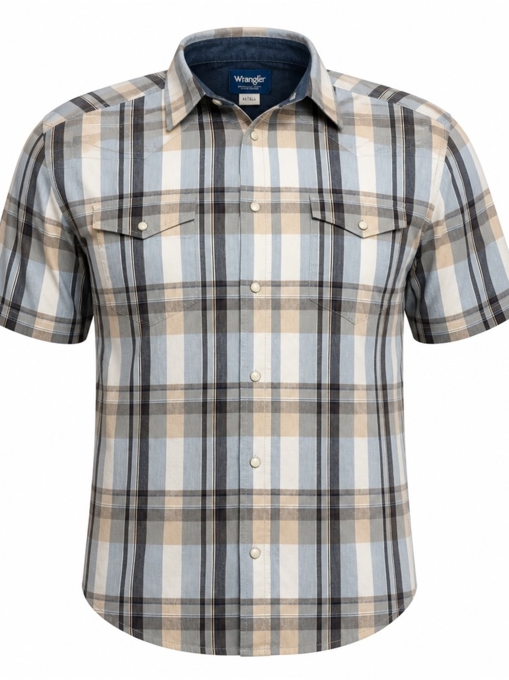 Wrangler Short Sleeve Plaid Button-Down Shirt — Light Blue & Beige